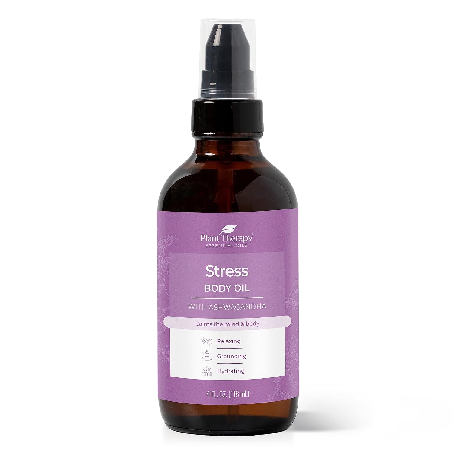 Plant Therapy Stress Body Oil with Ashwagandha 4 oz Calms & Eases Tension, Softens & Nourishes Skin, Great for a Relaxing Massage