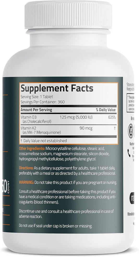 Bronson Basics Vitamin K2 D3 (MK7) Supplement Non-GMO Formula 5000IU (125 mcg) Vitamin D3 & 90 mcg Vitamin K2 MK-7 Easy to Swallow Vitamin D & K Complex, 360 Tablets