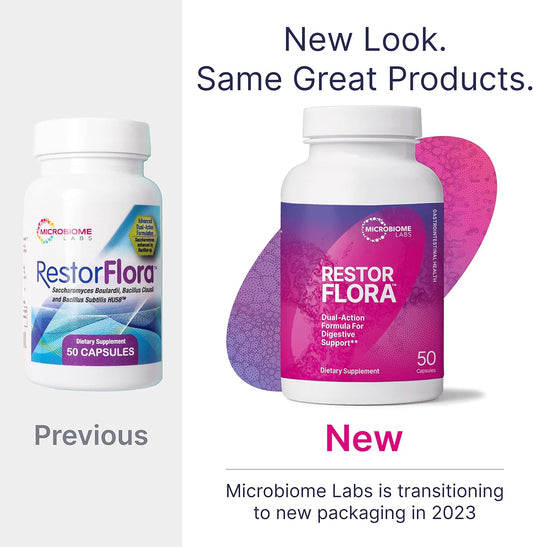 Microbiome Labs Restorflora Probiotic Supplement, Saccharomyces & Spore-Based Probiotics (50 Capsules) + Fodmate Digestive Enzymes To Help Break Down Fodmaps (120 Capsules) - 2 Product Bundle