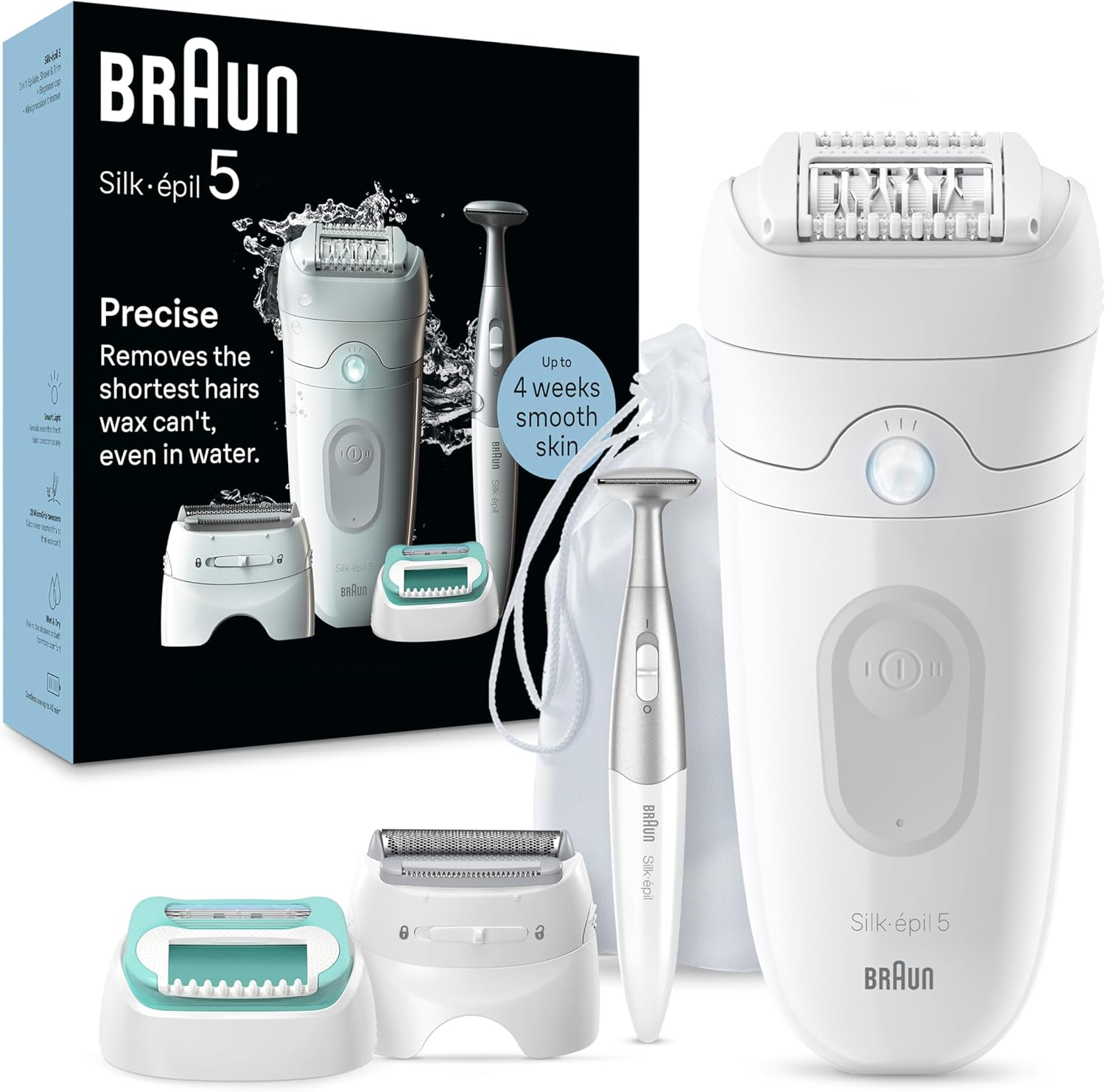 Braun Silk-Épil 5, Epilator For Easy Hair Removal, Wet & Dry, Lasting Smooth Skin, With Lady Shaver, Trimmer Comb, Beginner Cap Heads & Bikini Trimmer, 5-251, White/Grey