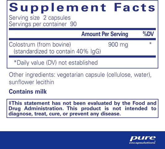 Pure Encapsulations Colostrum | 40% Igg Highly Concentrated Immune Support | 180 Capsules