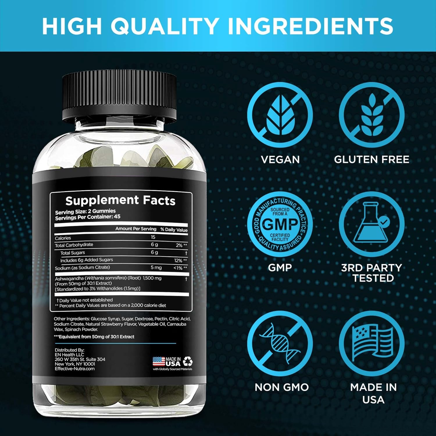 Effective Nutra Ashwagandha Gummies 1500Mg | Stress Relief, Immune Support, Calm Mood, Energy | Natural Berry Flavor | 45-Day Supply | Vegan, Gluten-Free, Non-Gmo | Supplement For Men & Women (90Ct) : Health & Household