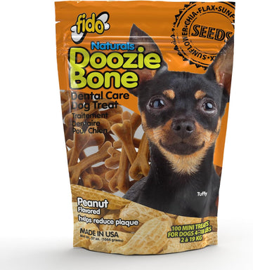 Fido Bones for Dogs, Dental Chews - 100 Delicious Mini Treats, Made in The USA - Mini Dog Dental Chews to Support Your Dog’s Health (Doozie Bone Peanut Flavor)