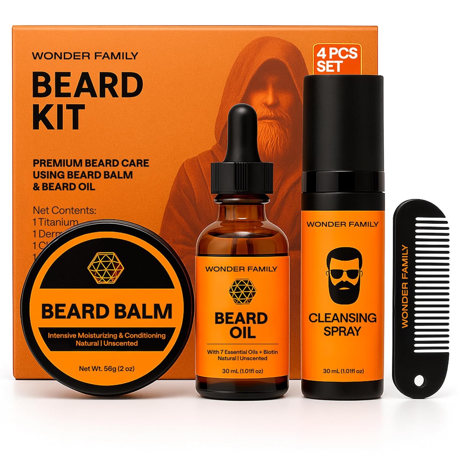 Premium Beard Care Kit For Men – 4-In-1 Grooming Set With Beard Oil, Balm, Cleansing Spray & Comb – Mustache & Beard Grooming Gifts For Men