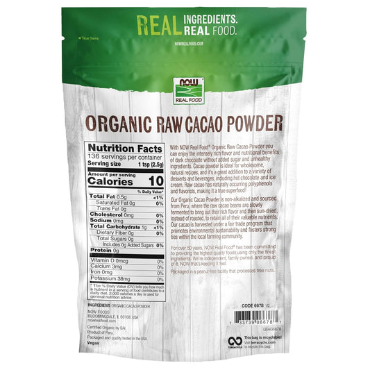 Now Foods, Organic Raw Cacao Powder, With Polyphenols And Flavonols, Sun-Dried, Intensely Rich Flavor, 12-Ounce (Packaging May Vary) (Pack Of 2)
