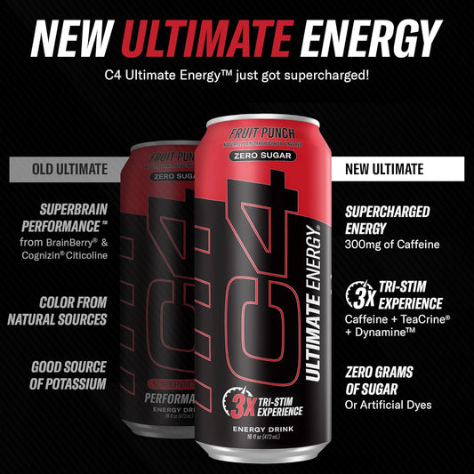 C4 Ultimate | Pre Workout Sugar Free Energy Drink | Tri-Stim Experience With 300Mg Caffeine + Teacrine + Dynamine | Fruit Punch | 16Oz (Pack Of 12)