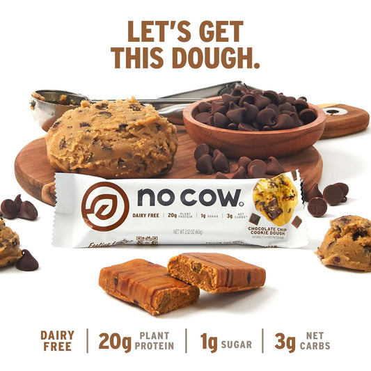 No Cow High Protein Bars, Chocolate Chip Cookie Dough - Healthy Snacks, 20G Vegan Protein, High Fiber, Low Sugar, Keto Friendly, Dairy & Gluten Free (12 Count)