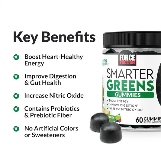 Force Factor Smarter Greens Gummies, Greens And Superfoods With Probiotics, Antioxidants, And Prebiotic Fiber, Greens Supplement To Improve Digestion, Boost Energy, And Nitric Oxide, 60 Gummies