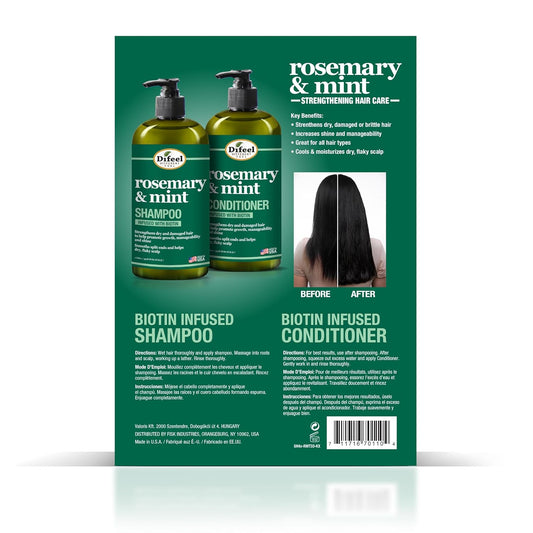 Difeel Rosemary And Mint Hair Strengthening Shampoo 33.8Oz & Conditioner With Biotin 33.8Oz 2-Pc Boxed Gift Set - Sulfate Free Shampoo & Conditioner, Paraben Free