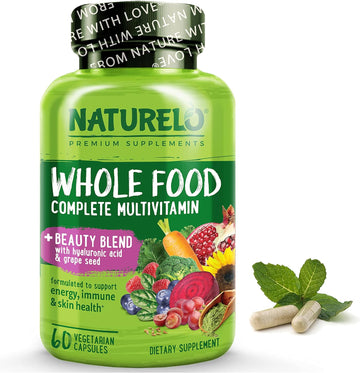 Naturelo Whole Food Multivitamin With Extra Hair, Skin And Nails Support – Beauty Blend With Hyaluronic Acid & Grape Seed - High Potency Biotin, Vitamin C, And Glutathione - 60 Vegan Capsules