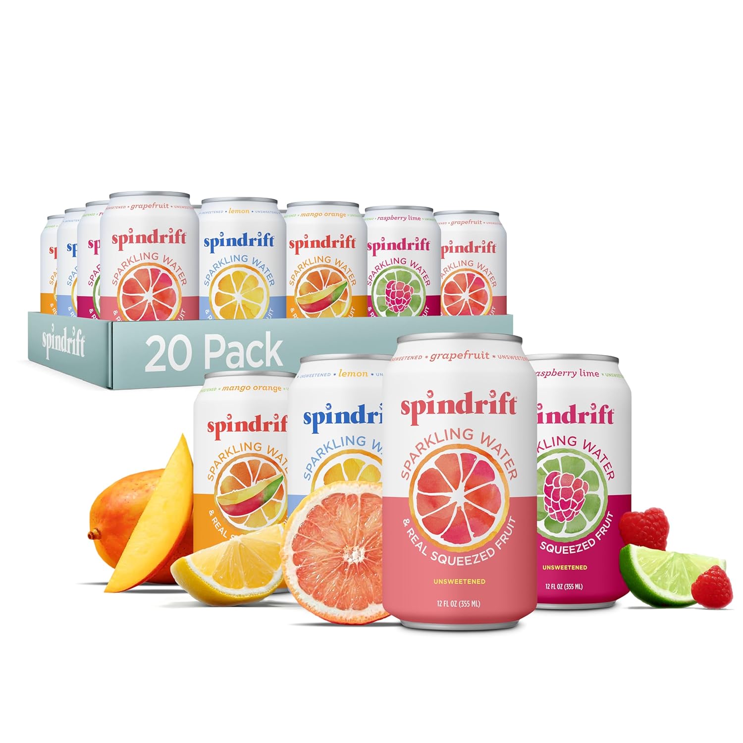 Spindrift Sparkling Water, 4 Flavor Variety Pack, Made With Real Squeezed Fruit, 12 Fl Oz (Pack Of 20)