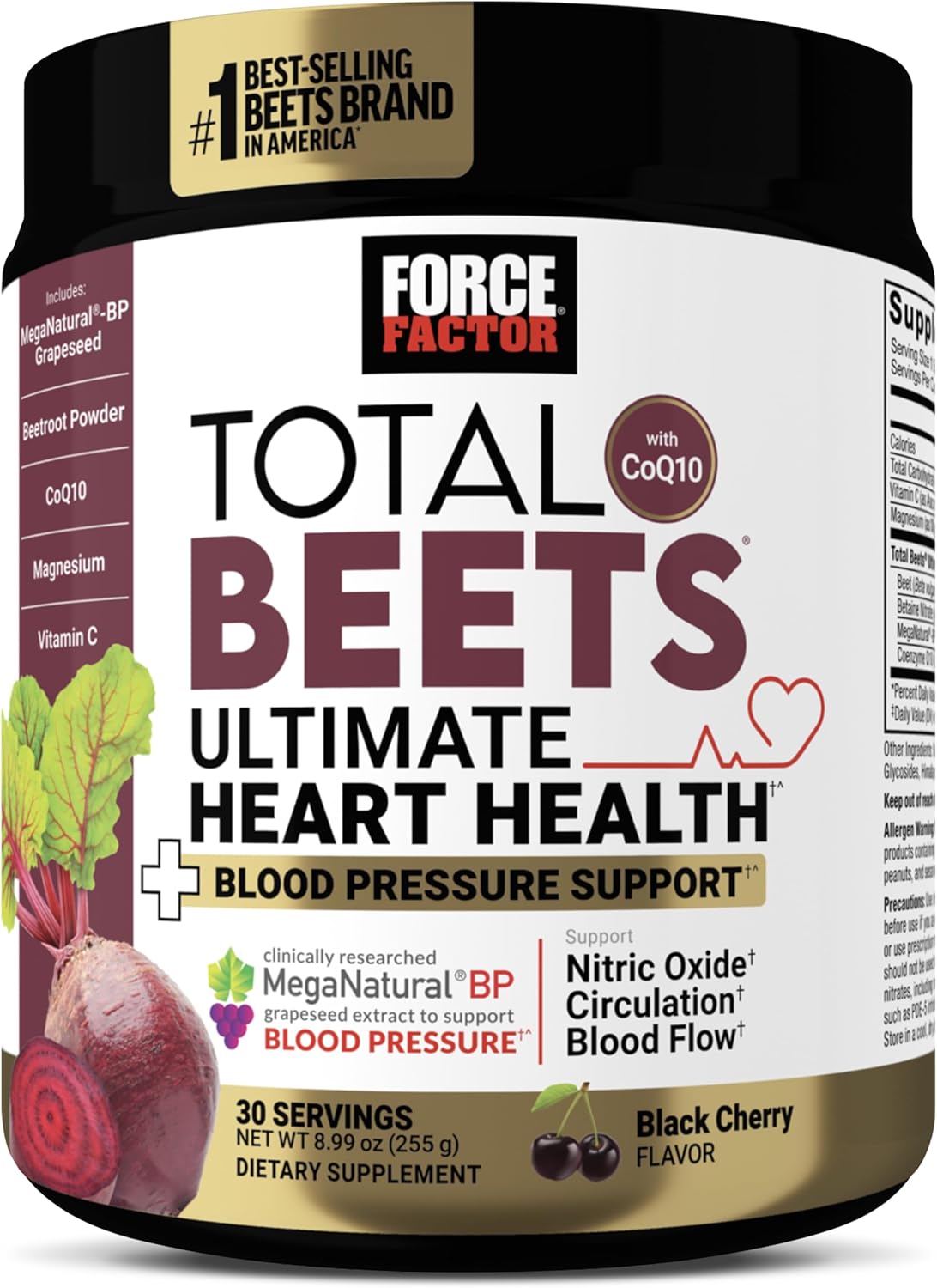 Force Factor Total Beets Ultimate Heart Health Blood Pressure Support With Coq10, Beet Root Powder, Grape Seed Extract, Blood Pressure Supplement For Circulation, Black Cherry, 30 Servings