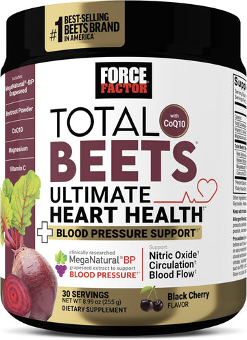 Force Factor Total Beets Ultimate Heart Health Blood Pressure Support With Coq10, Beet Root Powder, Grape Seed Extract, Blood Pressure Supplement For Circulation, Black Cherry, 30 Servings