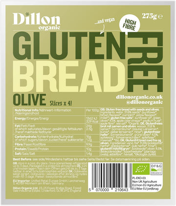 Dillon Organic Gluten Free Olive Bread 4 X 275G, Sliced, Low Carb, High Fibre, A Blend Of Gluten Free Oats, Seeds And Green Olives