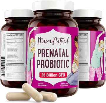 Mama Natural Prenatal Probiotics For Women (30 Vegan Probiotic Capsules) | 25 Billion Cfu & 12 Strain Pregnancy Probiotic & Prebiotic Blend | Acidophilus & Bifidobacteria Support For Mom And Baby