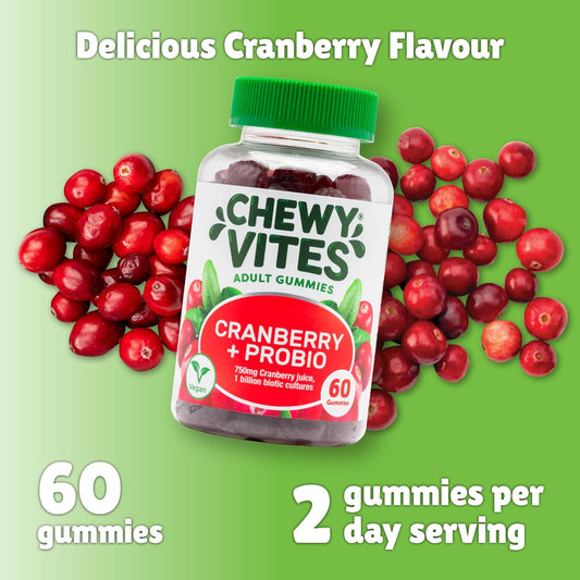 Chewy Vites Adult Cranberry Probio, 60 Women'S Probiotics Gummies, 1 Billion Biotic Cultures, Cranberry Juice, Vitamin C, 1 Month Supply, Vegan, Real Fruit Juice