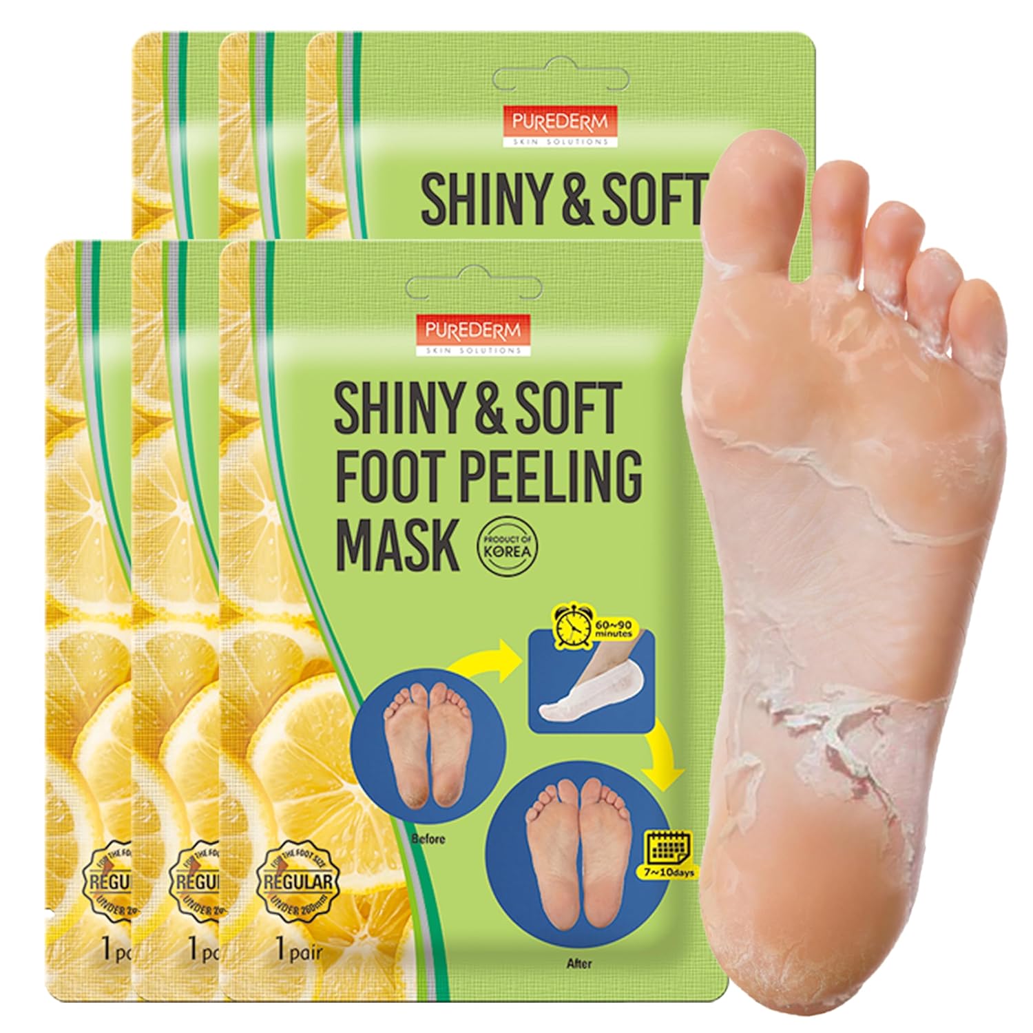 Purederm Shiny & Soft Foot Peeling Mask (6 Pack) - For Smooth And Moist Baby Skin With Exfoliating Peel Off Calluses, Dry Skin, Cracked Heels - Men And Women