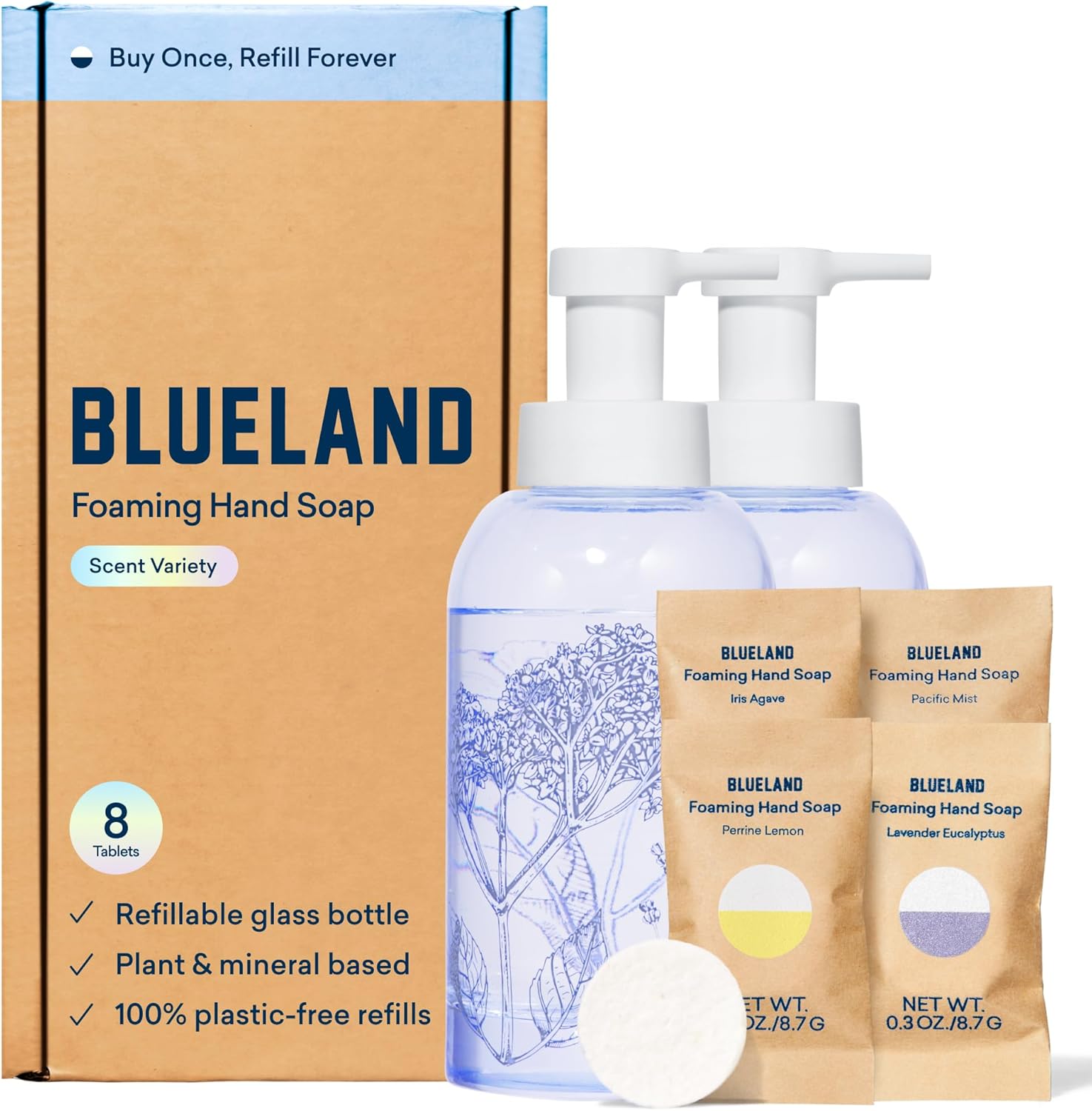 Blueland Hand Soap Duo Lilac - 2 Refillable Glass Foaming Hand Soap Dispensers + 8 Tablet Refills, Variety Scents, Makes 8 X 9 Fl Oz Bottles (72 Fl Oz Total)