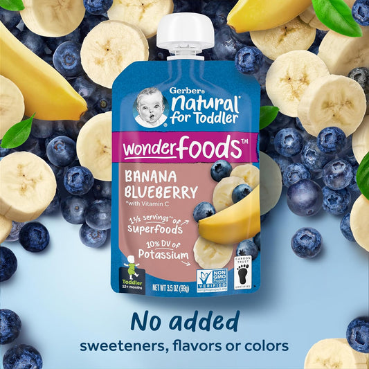 Gerber Baby Food Pouches, Toddler 12+ Months, WonderFoods, Banana Blueberry, 3.5 Ounce (Pack of 12)