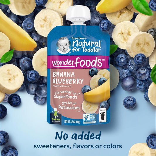 Gerber Baby Food Pouches, Toddler 12+ Months, Wonderfoods, Banana Blueberry, 3.5 Ounce (Pack Of 12)