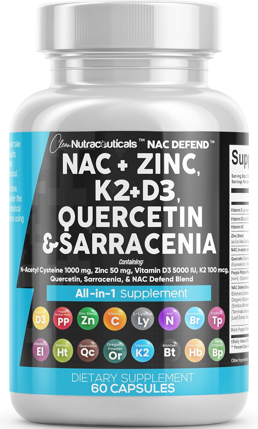 Clean Nutraceuticals Nac Supplement N-Acetyl Cysteine 1000Mg Vitamin D3 K2 Zinc Quercetin 1000Mg Sarracenia Purpurea 1000Mg With Elderberry Holy Basil Bee Propolis Bromelain L-Lysine - 60 Count