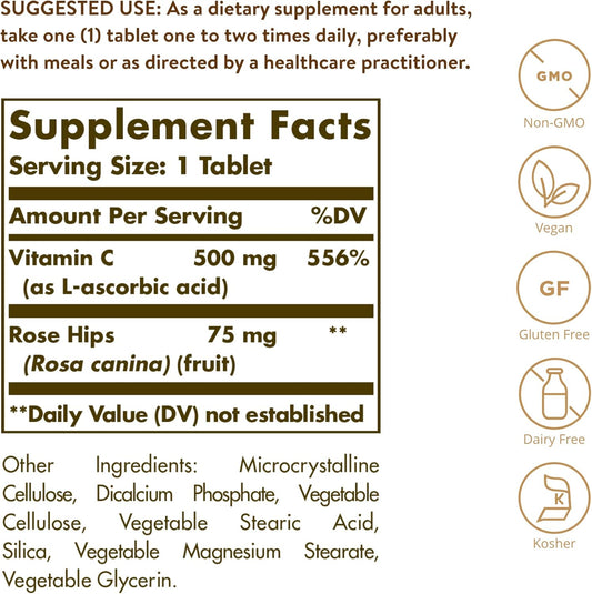 Solgar Vitamin C 500 Mg With Rose Hips, 250 Tablets - Antioxidant & Immune Support - Overall Health - Supports Healthy Skin & Joints - Non Gmo, Vegan, Gluten Free, Dairy Free, Kosher - 250 Servings