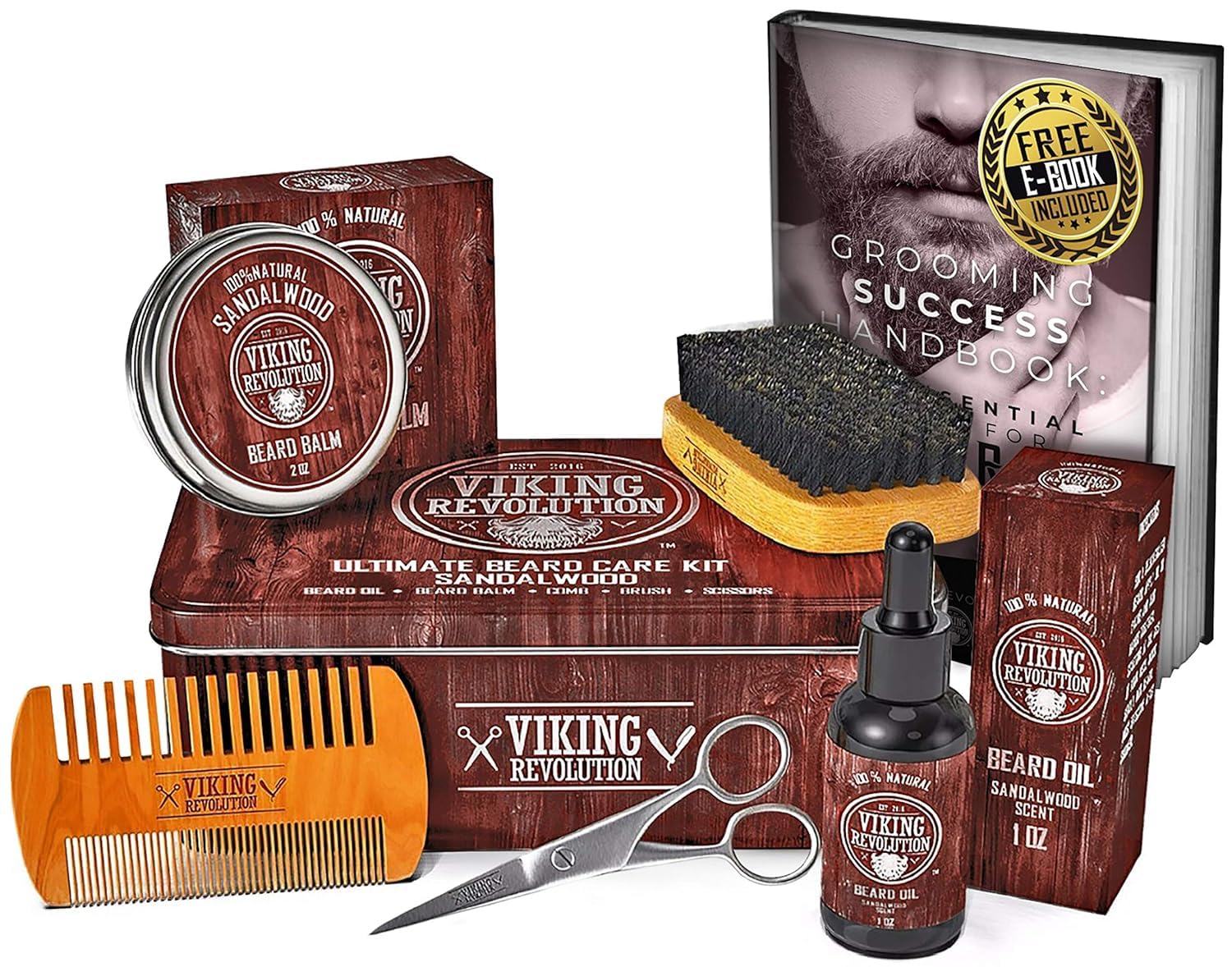 Viking Revolution Ultimate Grooming Kit for Men - Boar Brush, Wood Comb, Sandalwood Balm & Oil, Scissors for Beard & Mustache : Beauty & Personal Care