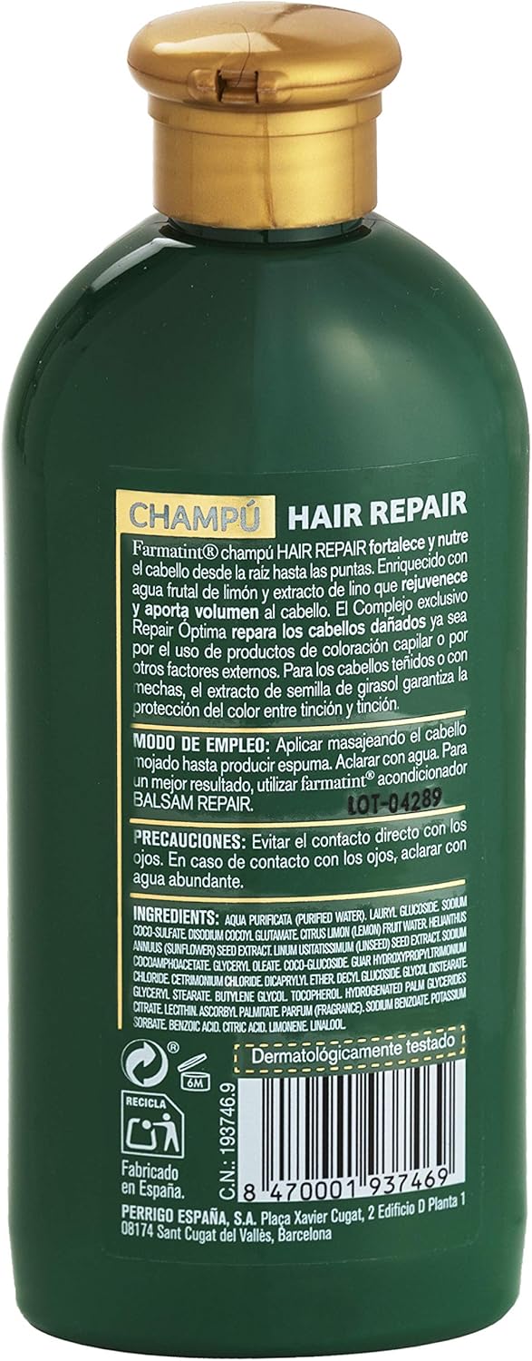 Farmatint Repair Shampoo, 96.5% Natural Ingredients, Hair Strengthening And Nutrition, Silicone/Sls Free, 250 Ml
