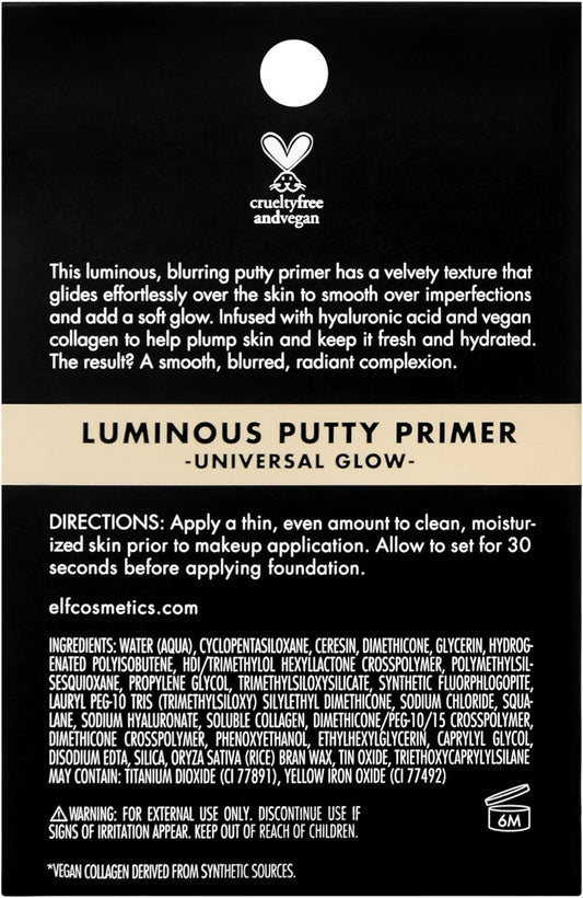 E.L.F. Luminous Putty Primer, Skin Perfecting, Lightweight, Silky, Long Lasting, Hydrates, Creates A Smooth Base, Illuminates, Plumps, Infused With Hyaluronic Acid And Vegan Collagen, 21G