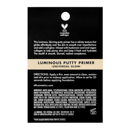 E.L.F. Luminous Putty Primer, 0.74 Oz, Natural Finish, Infused With Hyaluronic Acid And Vegan Collagen