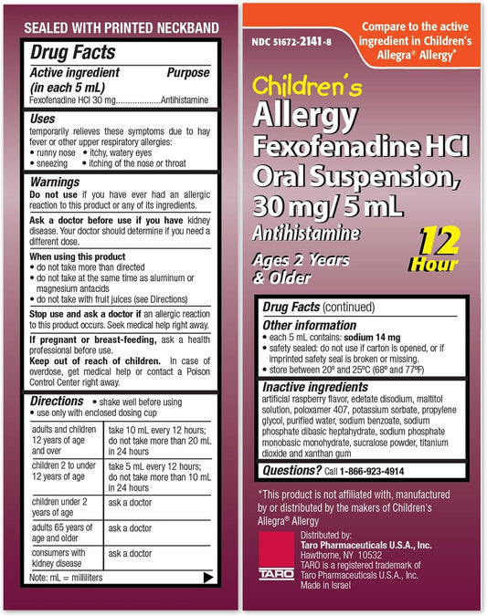 Taro Children'S 12Hr Allergy Relief Non-Drowsy Antihistamine Liquid, Berry Flavor, Alcohol-Free, Dye-Free & Sugar Free, Fexofenadine Hcl (4 Oz)