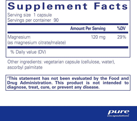 Pure Encapsulations Magnesium (Citrate/Malate) - Magnesium Supplement To Support Nutrient Utilization, Energy, Bones & Heart Health* - With Magnesium Citrate & Malate - 3-Month Supply