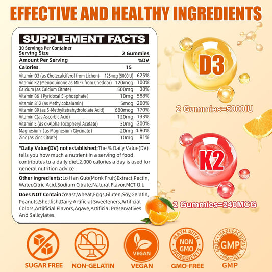 Natural D3 K2 Vitamin Gummies: Sugar Free Chewable Supplement Plus Magnesium Zinc Calcium B12 B6 B9 For Immune Skin Health Support Stress Relief - For Low Energy Sports Adults(60Count)