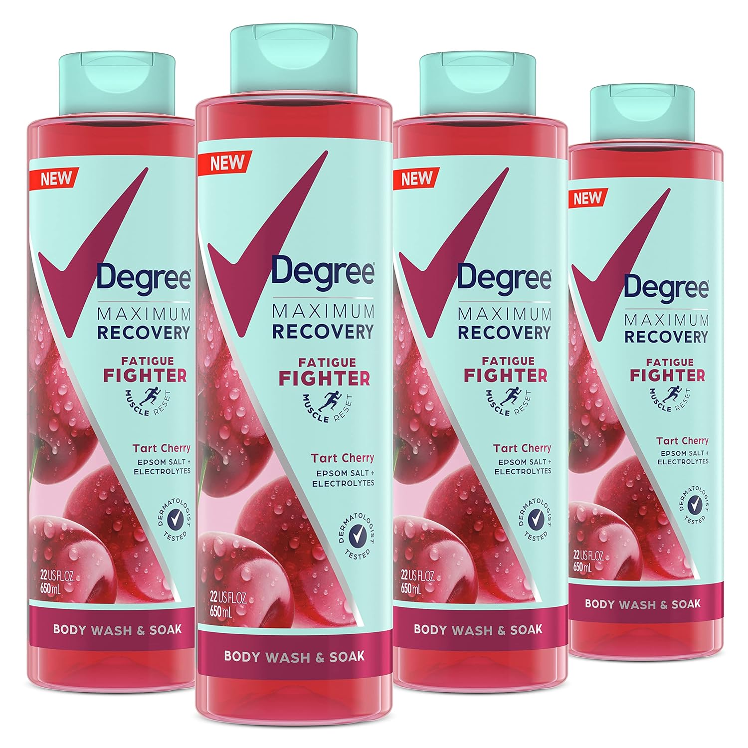 Degree Maximum Recovery Body Wash and Soak Post-Workout Recovery Skincare Routine Tart Cherry + Epsom Salt + Electrolytes Bath and Body Product 22 oz, Pack of 4