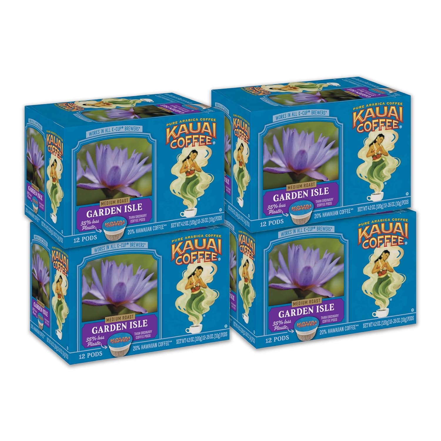 Kauai Coffee Garden Isle Medium Roast - Compatible with Keurig Pods K-Cup Brewers (4 Packs of 12 Single-Serve Cups)