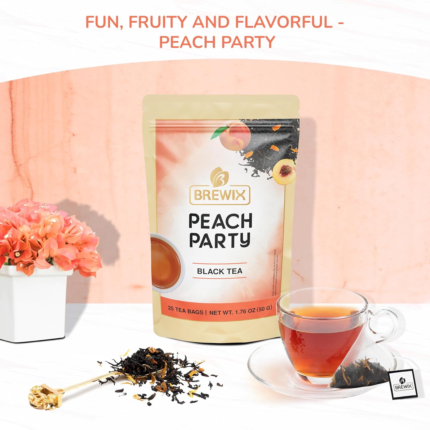 Brewix Peach Party - Premium Black Tea With Peach, Floral & Refreshing Iced Tea Bags (25 Pyramid Tea Bags) - Caffeinated, Sugar-Free