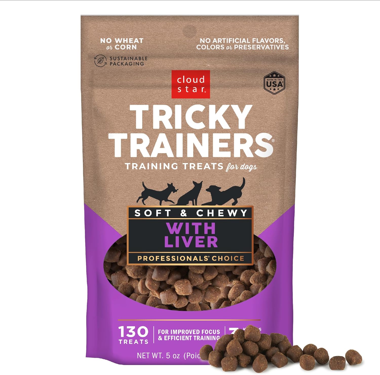 Cloud Star Tricky Trainers Soft & Chewy Dog Training Treats 5 Oz Pouch, Liver Flavor, Low Calorie Behavior Aid With 130 Treats