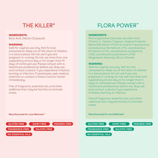 Love Wellness Womens Vaginal Suppository Duo, The Killer & Flora Power | Suppositories With Probiotics & Boric Acid Supports Ph Balance | Intimate Feminine Hygiene Products For Discomfort