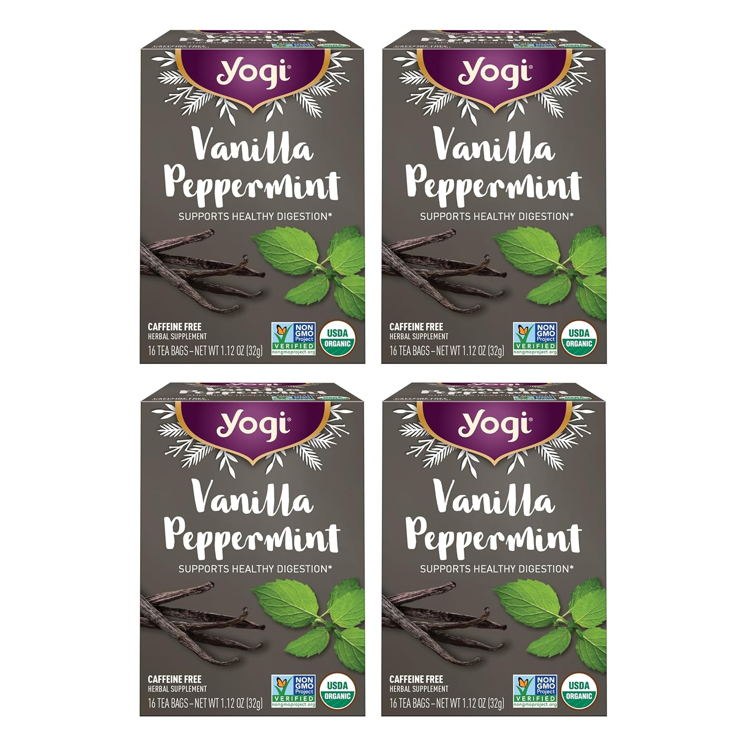Yogi Tea Vanilla Peppermint - 16 Bags Per Pack (4 Packs) - Herbal Peppermint Vanilla - Supports Healthy Digestion - Limited Edition Holiday Digestive Tea With Ginger & More
