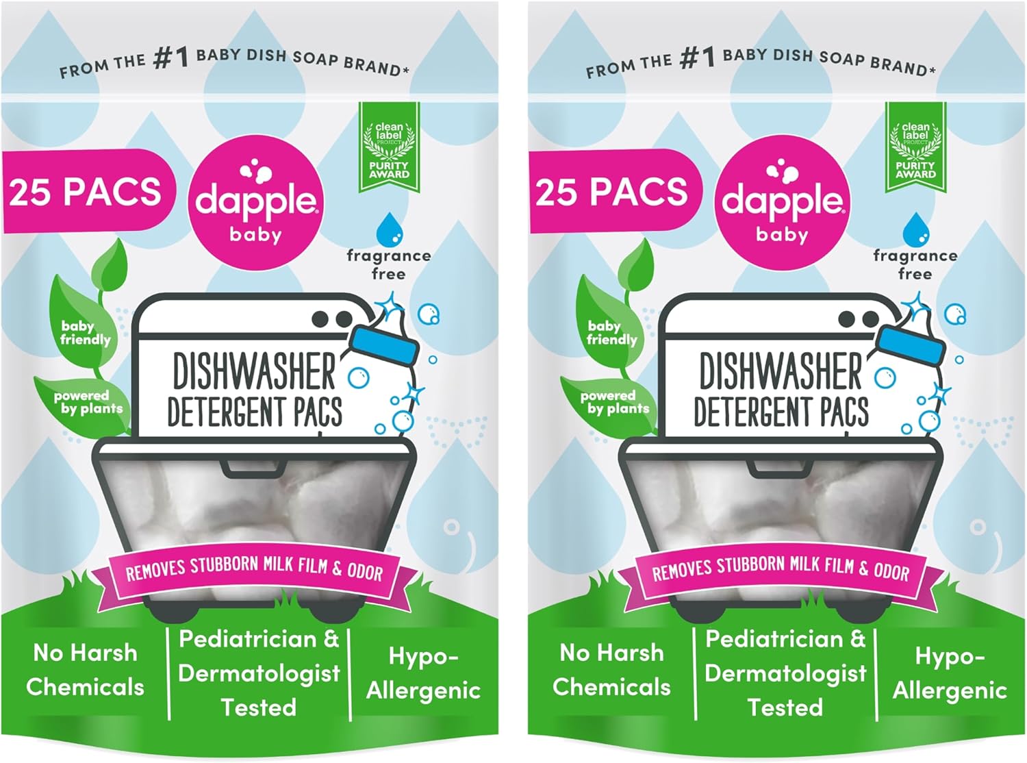 Dishwasher Detergent Pacs By Dapple Baby, 25 Count Pouch (Pack Of 2), Fragrance Free, Plant Based & Hypoallergenic Dishwasher Pods - Removes Milk Residue & Odor - Dishes, Baby Bottles & Kitchenware