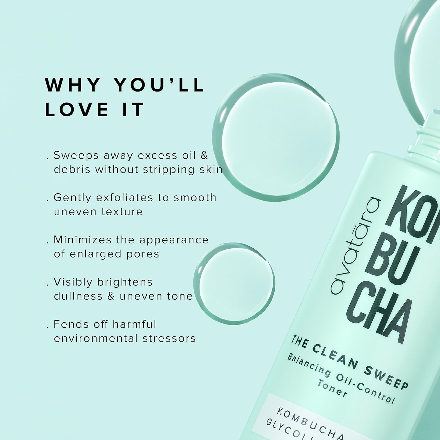 Avatara - Kombucha The Clean Sweep Face Toner, Glycolic Acid Toner For Face, Face Exfoliator With Witch Hazel And Bakuchiol, Calming Pore Minimizer For Face, Hydrating Skincare For Teens, 4.05 Fl. Oz : Beauty & Personal Care