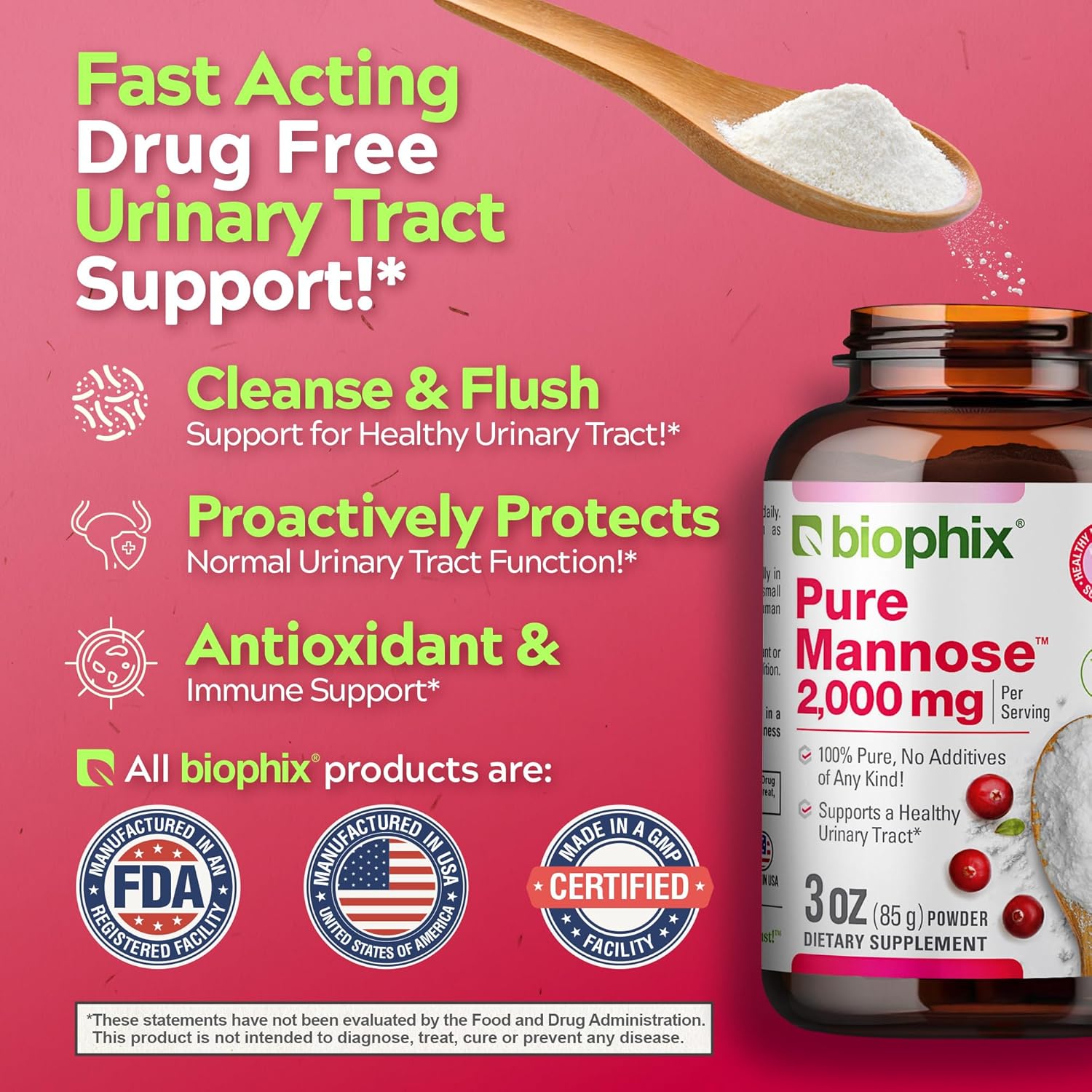 Biophix Pure Mannose Powder 2000 Mg 3 Oz - Free Vitamin D-3 5000 Iu 30 Softgels - Supports Urinary Bladder Tract Health : Health & Household