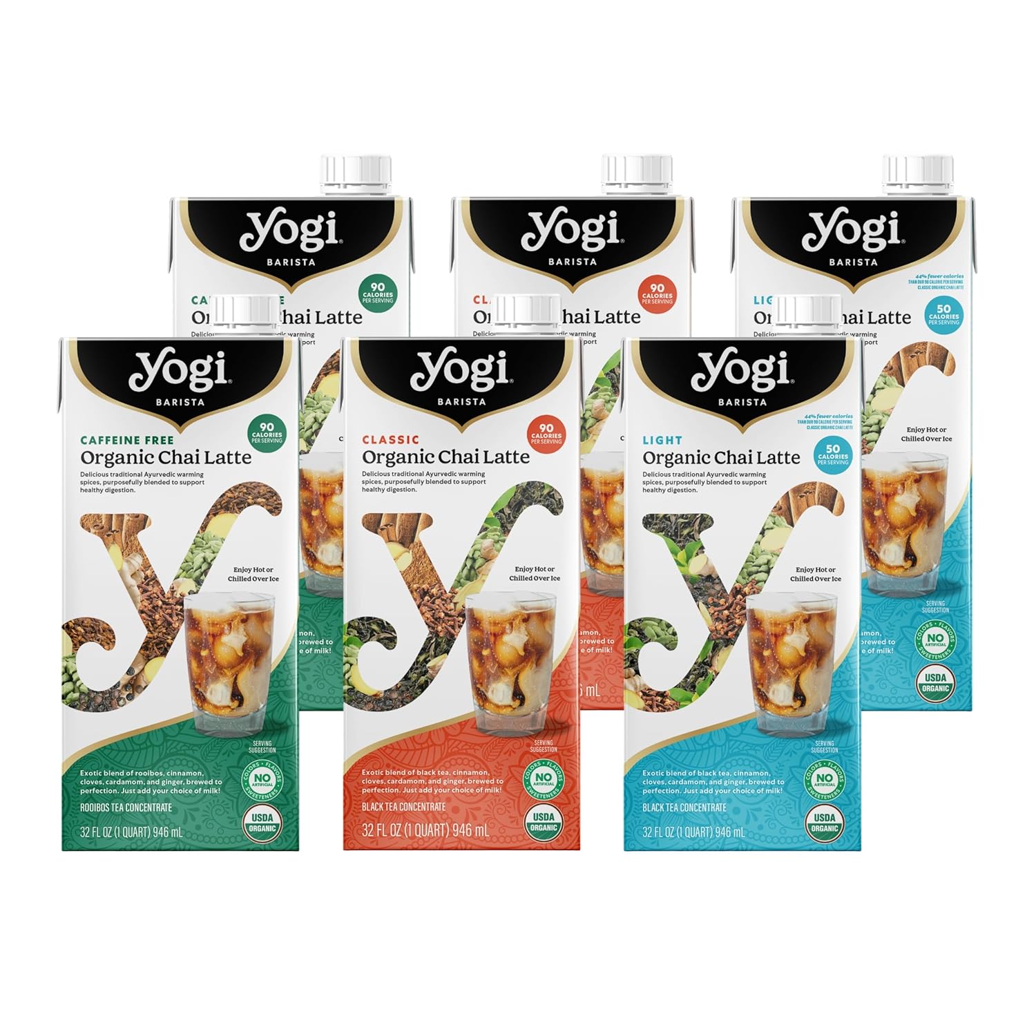 Yogi Barista Organic Chai Latte Tea Concentrate Variety Pack, 32 Fluid Oz (6 Pack) - Supports Healthy Digestion - Includes Two Of Each Classic Chai Latte, Light Chai Latte And Caffeine-Free Chai Latte