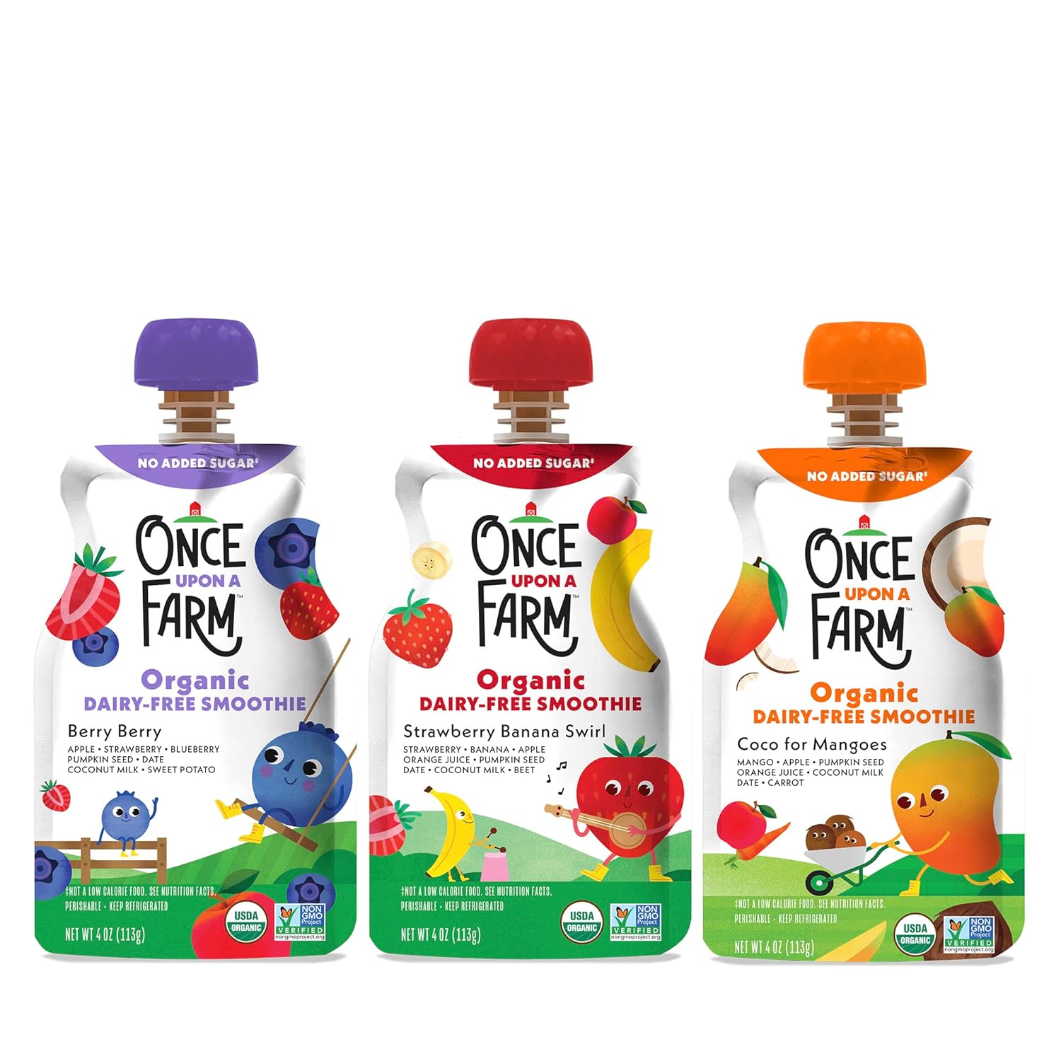 Once Upon A Farm | Organic Super Smoothie | Berry, Strawberry Banana, Mango | Cold-Pressed | No Sugar Added | Dairy-Free Plant Based | Variety Pack Of 24