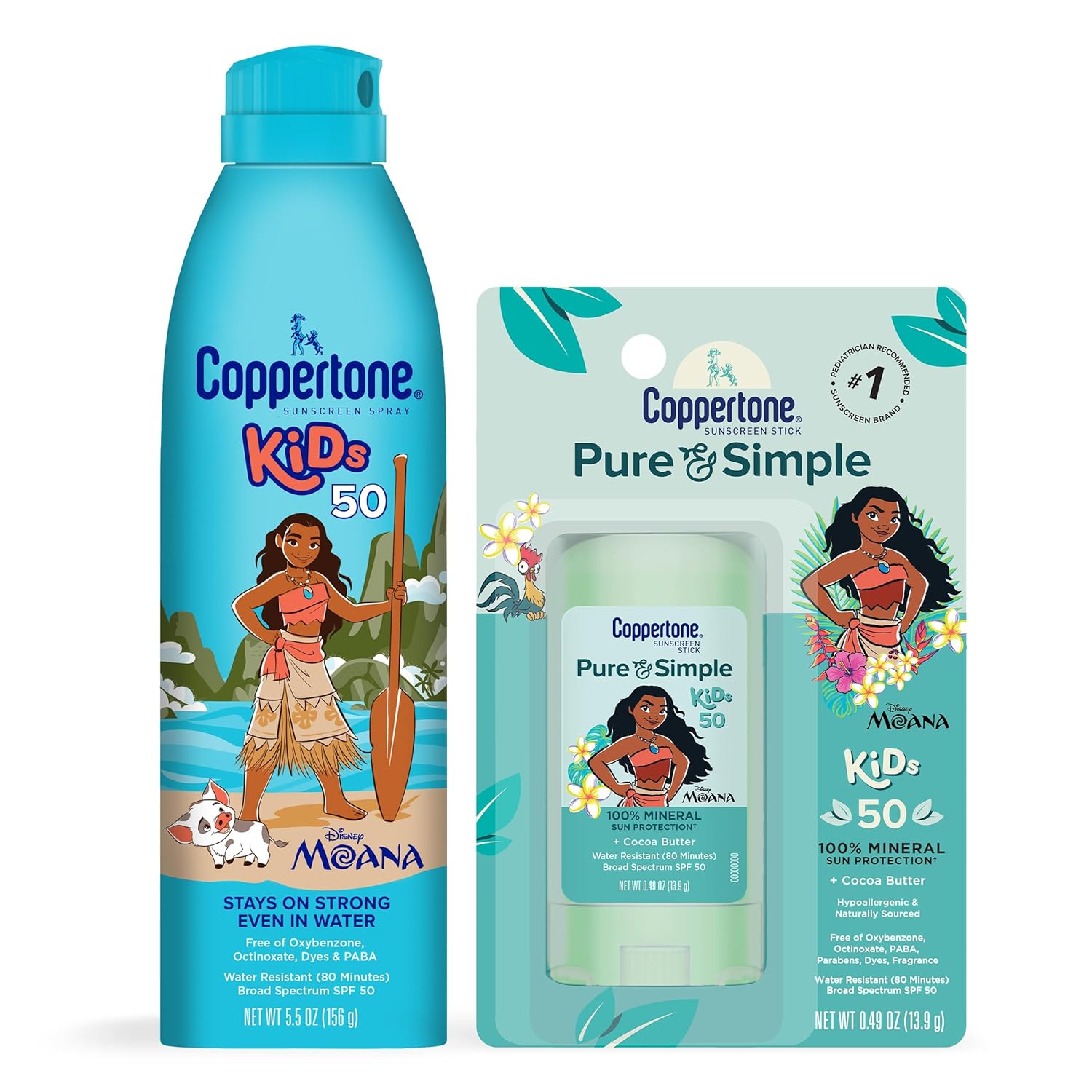 Coppertone Kids Exclusive Disney Moana Sunscreen Spray Spf 50 (5 Oz) + Coppertone Pure And Simple Kids Mineral Sunscreen Stick Spf 50 (0.49 Oz), Water Resistant, Oxybenzone And Octinoxate Free