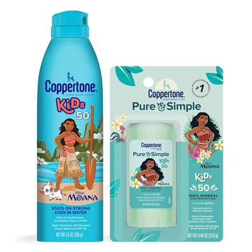 Coppertone Kids Exclusive Disney Moana Sunscreen Spray Spf 50 (5 Oz) + Coppertone Pure And Simple Kids Mineral Sunscreen Stick Spf 50 (0.49 Oz), Water Resistant, Oxybenzone And Octinoxate Free