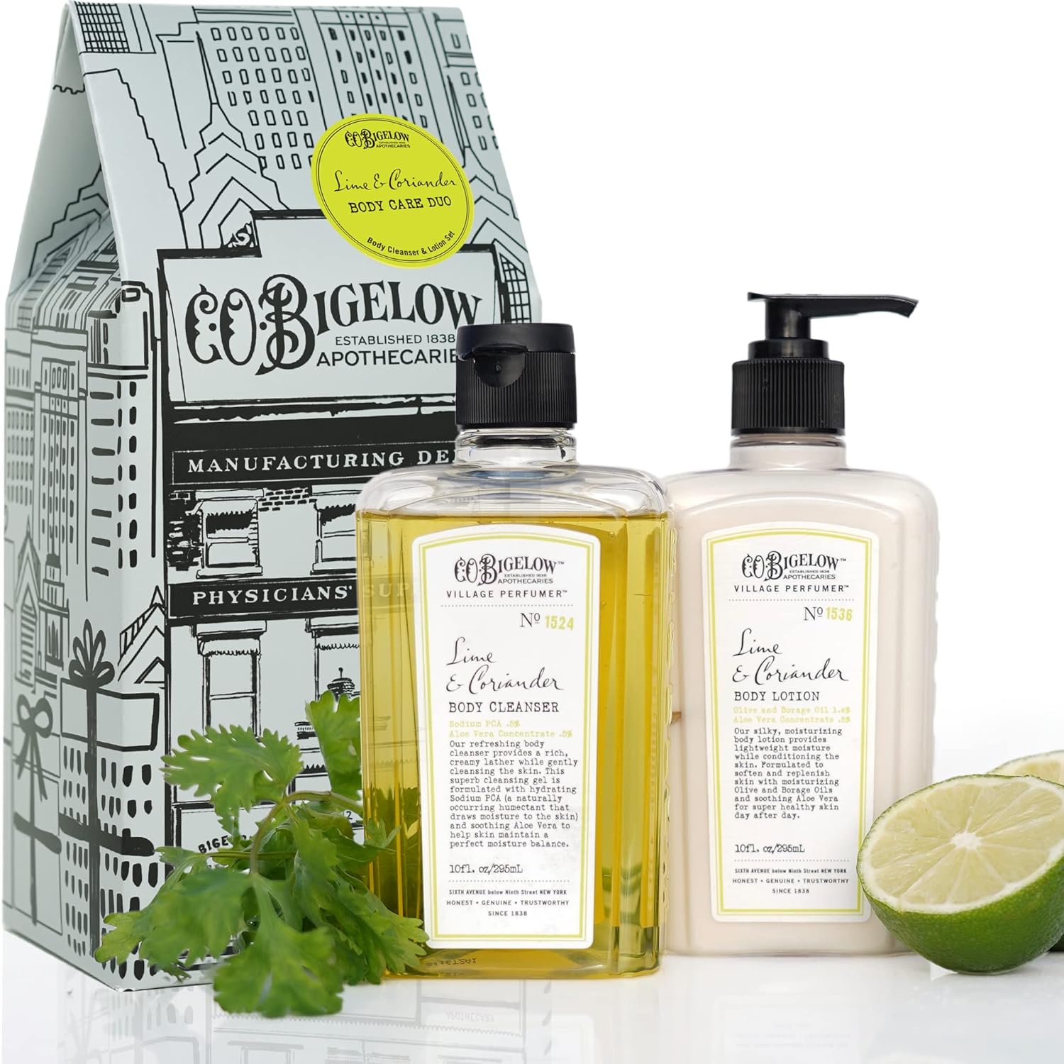 C.O. Bigelow Apothecary Duo, Lime Coriander Body Care Gift Box With Body Soap & Lotion, Gift Set Of Two - Moisturizing Lotion & Liquid Body Wash For Dry Skin - 10Fl Oz Each