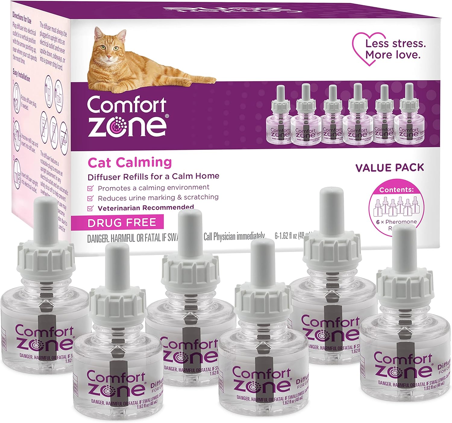 Comfort Zone Cat Calming Diffuser Refills Value Kit: 6 Pack; Pheromones To Reduce Stress, Spraying & Scratching