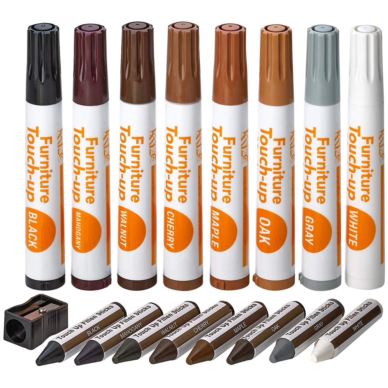 Katzco Furniture Repair Kit Wood Markers - 17 Pcs Set with Sharpener - Furniture Touch Up Markers for Floors, Bedposts, and Molding - Furniture Scratch Repair Markers - Wood Paint for Furniture