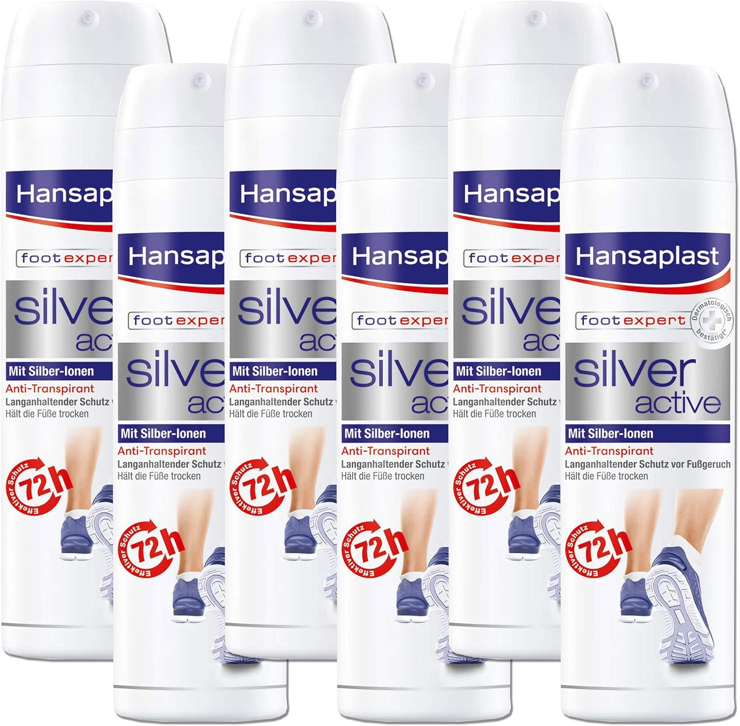 Hansaplast Silver Active Foot Spray 150 Ml Pack Of 6, 48 Hour Protection Against Foot Odour And Sweat, Active Complex With Silver Ions